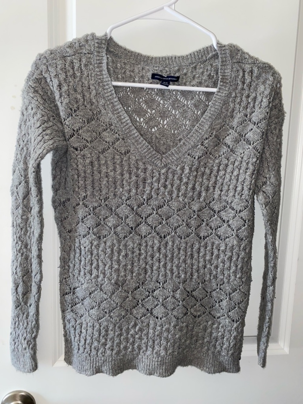 American Eagle V-Neck Crochet Open Knit Sweater - Heather Grey